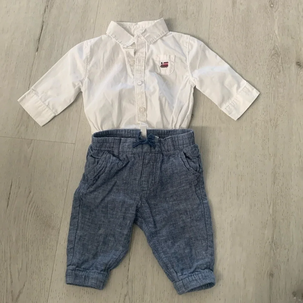 Janie and Jack matching set button down shirt and chambray pants lined‎ size 0/3